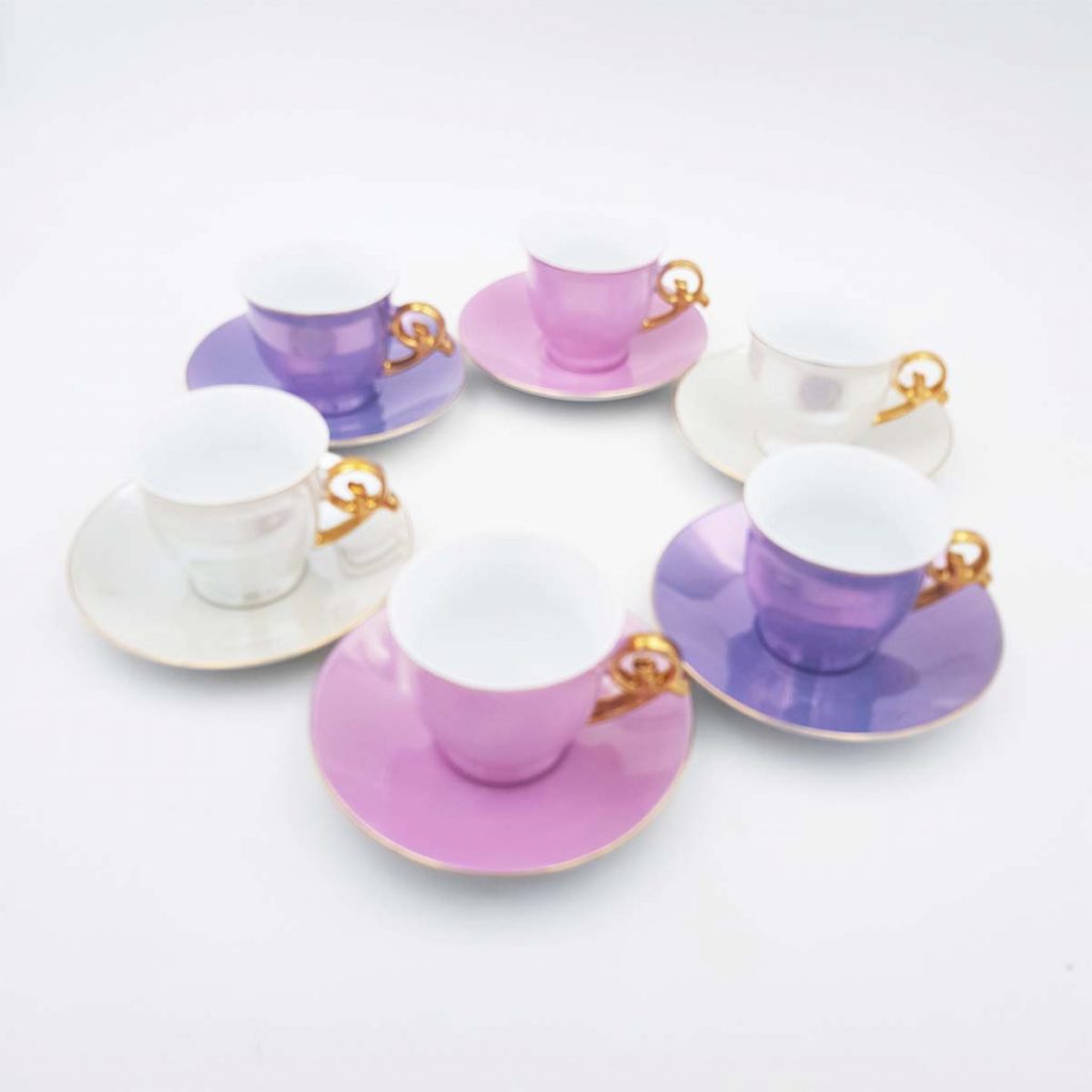 6 pastel iridescent coffee cups Genevieve Lethu Ombline pink purple gilt handle France vintage 6 pastel iridescent coffee cups Genevieve Lethu Ombline pink purple gilt handle France vintage