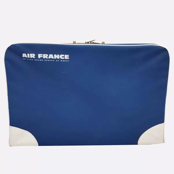 Air France suitcase 1970s Wood and Fabric Blue and White ~21.3"x13.8"x5.9"