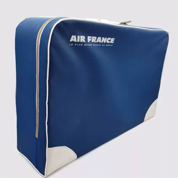 Air France suitcase 1970s Wood and Fabric Blue and White ~21.3"x13.8"x5.9" - Image 2