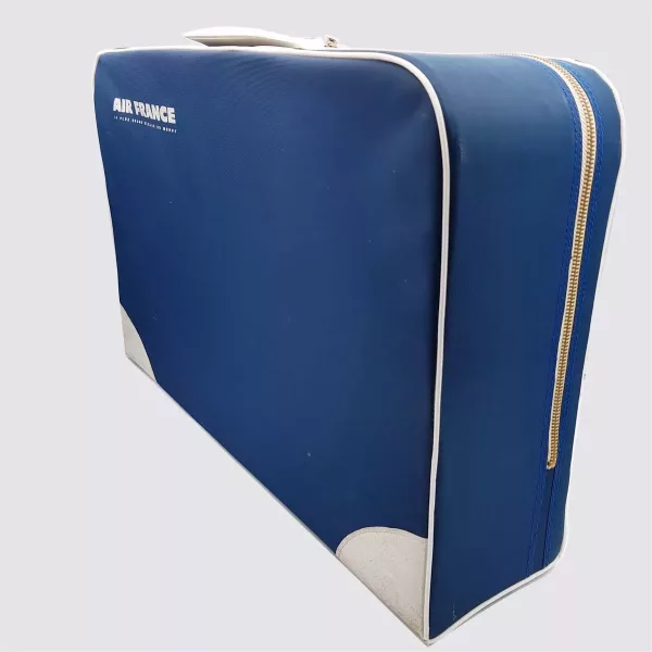 Air France suitcase 1970s Wood and Fabric Blue and White ~21.3"x13.8"x5.9" - Image 3