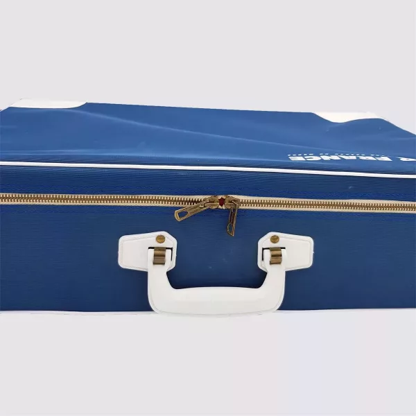 Air France suitcase 1970s Wood and Fabric Blue and White ~21.3"x13.8"x5.9" - Image 4