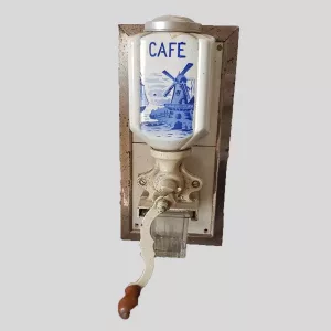 Wall coffee grinder with hand crank Ceramic Metal & Wood France 1950s