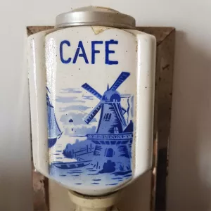 Wall coffee grinder with hand crank Ceramic Metal & Wood France 1950s