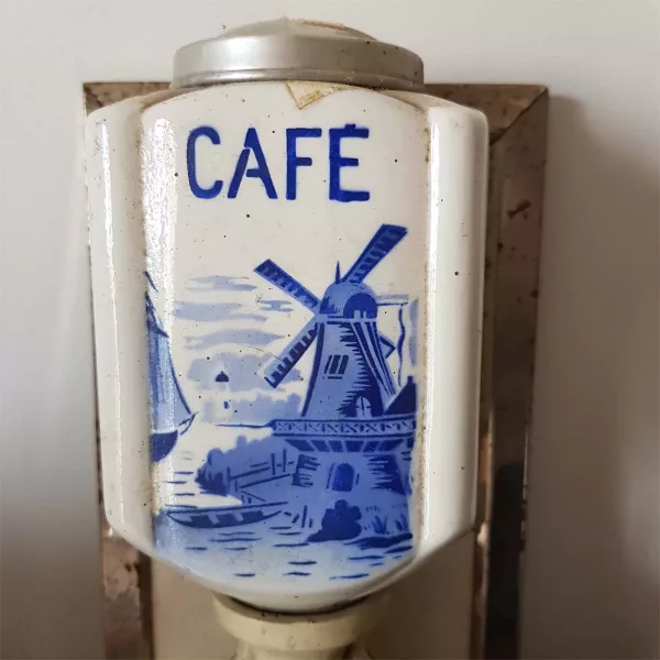 Wall coffee grinder with hand crank Ceramic Metal & Wood France 1950s - Image 2