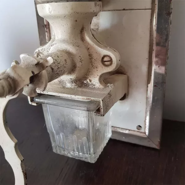 Wall coffee grinder with hand crank Ceramic Metal & Wood France 1950s - Image 3