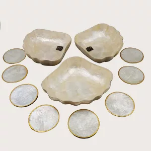 Mother-of-pearl aperitive set 3 bowls + 8 coasters