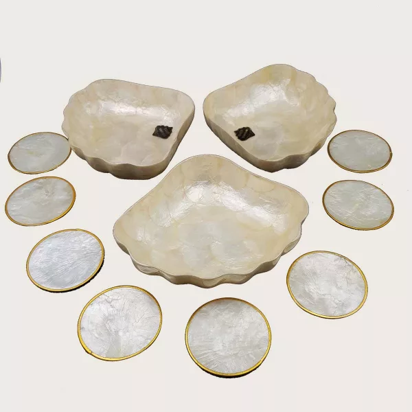 Mother-of-pearl aperitive set 3 bowls + 8 coasters