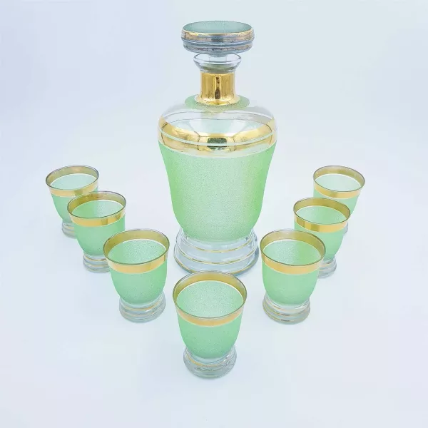 Liquor set Green grainy-textured glass vintage 1950s
