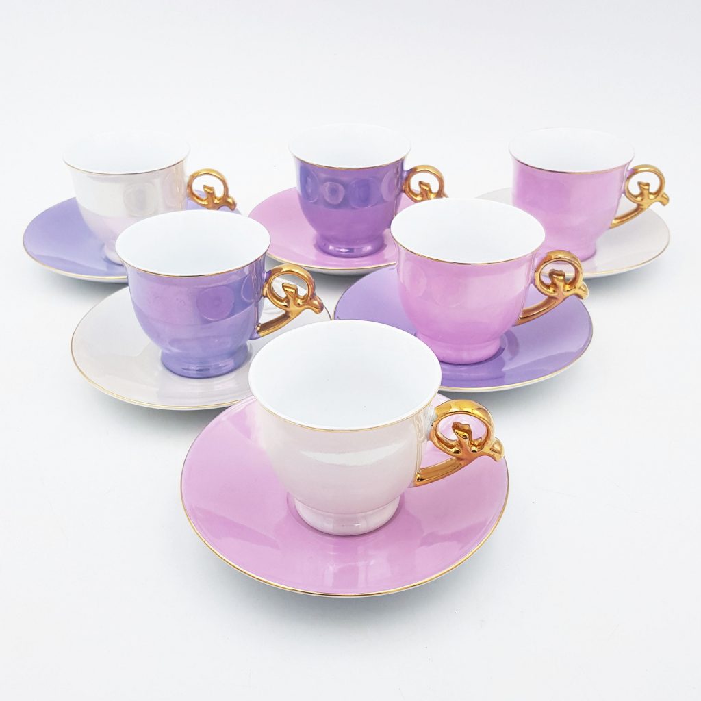 Pastel coffee set iridescent pink purple gilt handle Genevieve Lethu France vintage 1