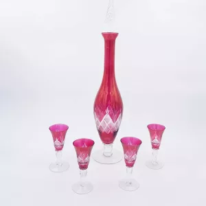Pink cut glass 1960 Alcohol decanter + 4 glasses