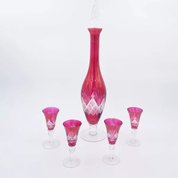 Pink cut glass 1960 Alcohol decanter + 4 glasses