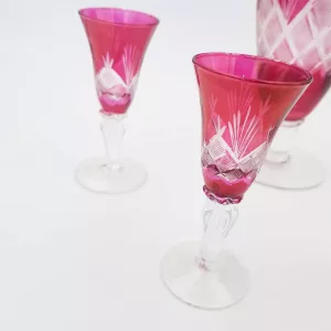 Pink cut glass 1960 Alcohol decanter + 4 glasses