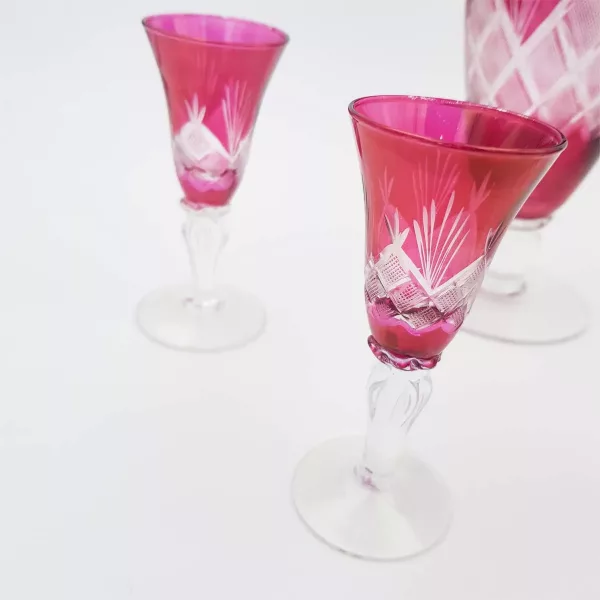 Pink cut glass 1960 Alcohol decanter + 4 glasses - Image 2