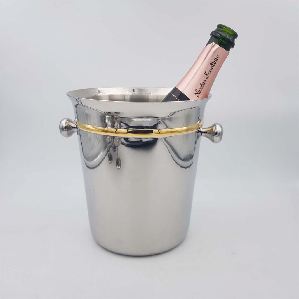 Steel and gold champagne cooler bucket 1980 Jean Couzon France Steel and gold champagne cooler bucket 1980 Jean Couzon France