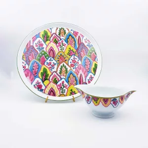 Round multicolor Cake dish & Gravy boat P. Deshoulieres Limoges