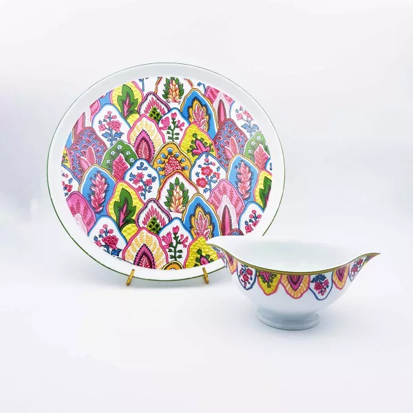 Round multicolor Cake dish & Gravy boat P. Deshoulieres Limoges