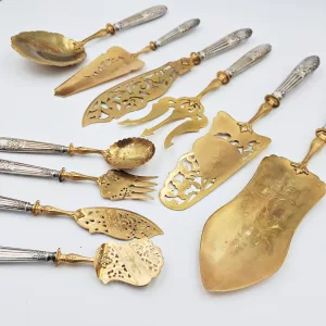 Antique gilt metal serving cutlery set french art nouveau style