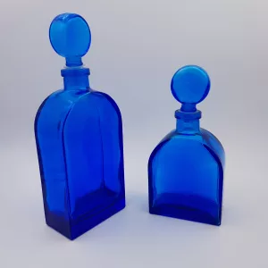 2 vintage cobalt blue glass flasks round shoulders
