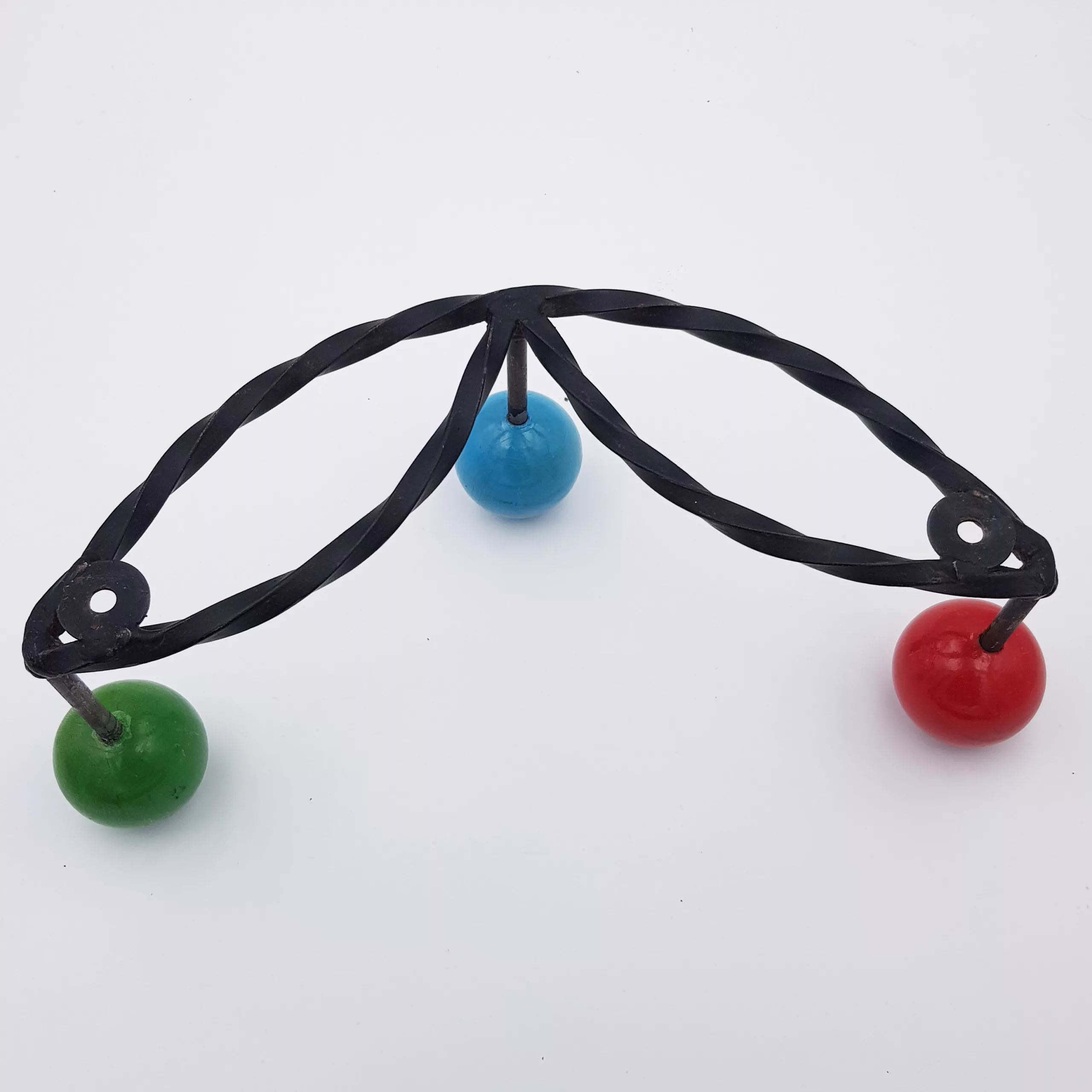 Vintage coat rack twisted metal 3 colored wood balls red green & blue 1950