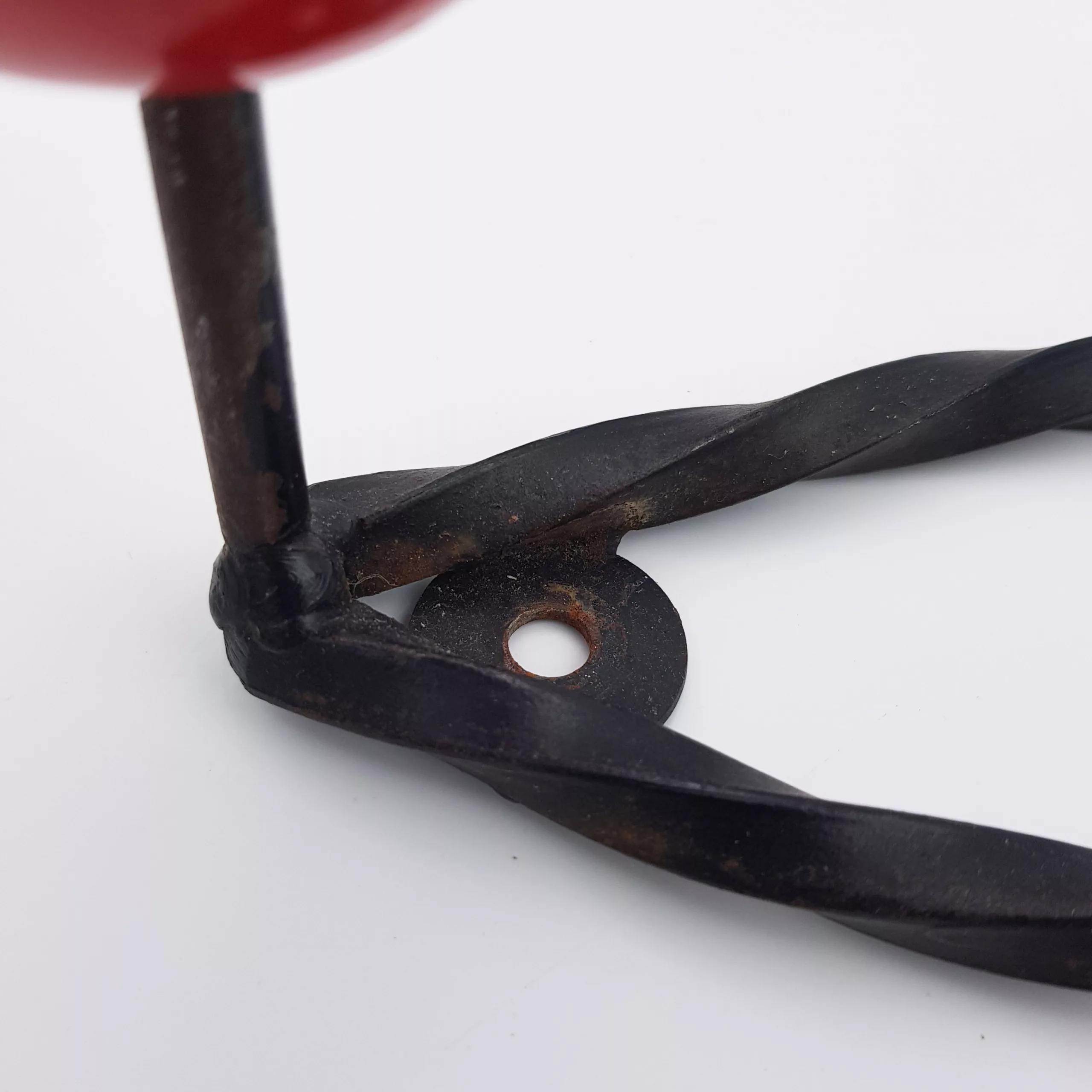 Vintage coat rack twisted metal 3 colored wood balls red green & blue 1950