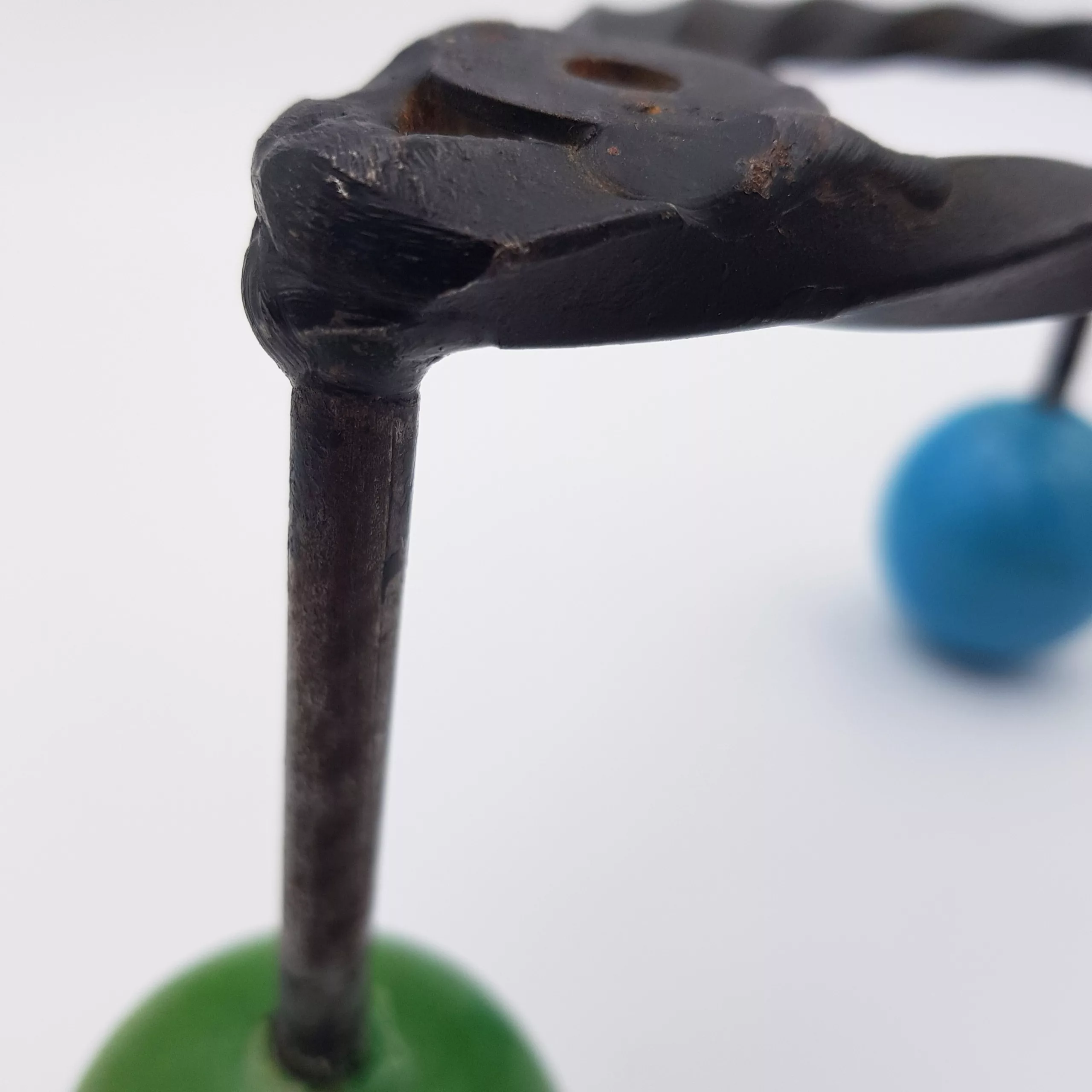 Vintage coat rack twisted metal 3 colored wood balls red green & blue 1950