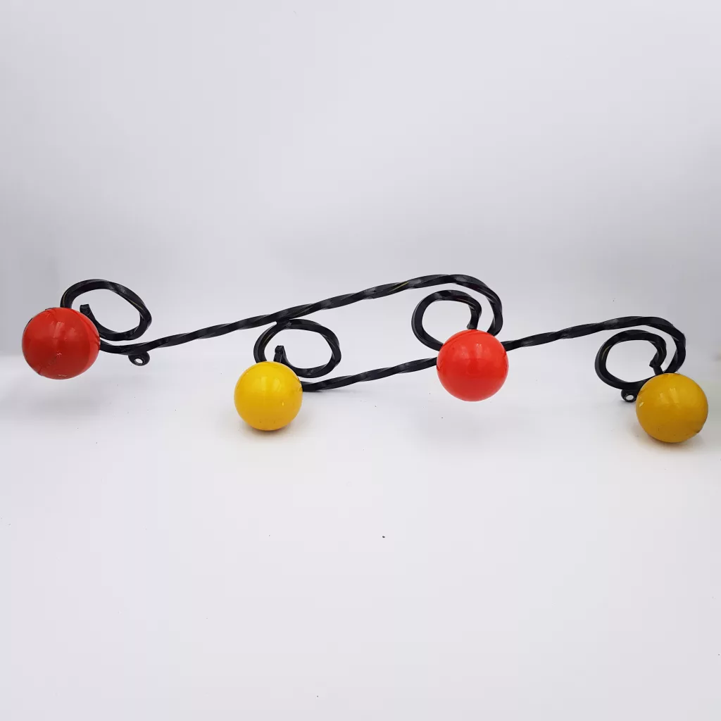 Vintage coat rack twisted metal 4 colored wood balls red & yellow 1950 Vintage coat rack twisted metal 4 colored wood balls red & yellow 1950