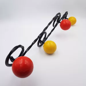 Vintage coat rack twisted metal 4 colored wood balls red & yellow 1950