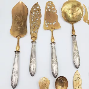 Antique gilt metal serving cutlery set french art nouveau style